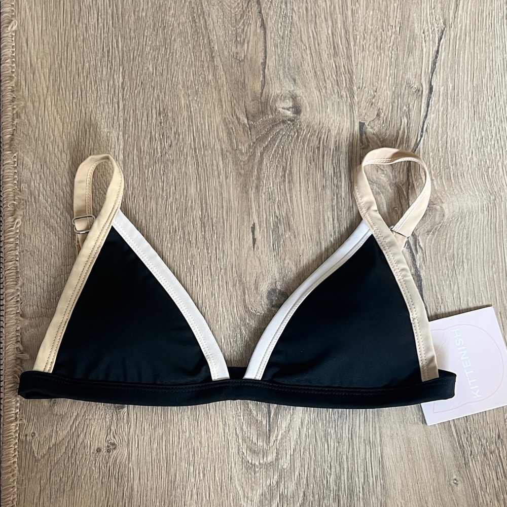 Kittenish Black Bikini Top with Cream Trim